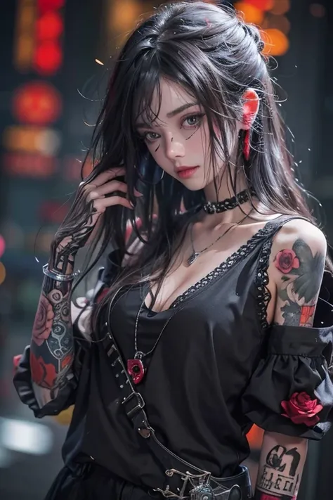 top-quality、8K、​masterpiece：1.3、Gothic punk、Red inner color、A grey dark-haired、hair adornments、a beauty girl、creative、punk shirt、Neogos、Goth Fashion：1.2、high resolution、​masterpiece、top-quality、headw:1.3、((Hasselblad photo))、Fine-grained skin、Sharp Focus、(...