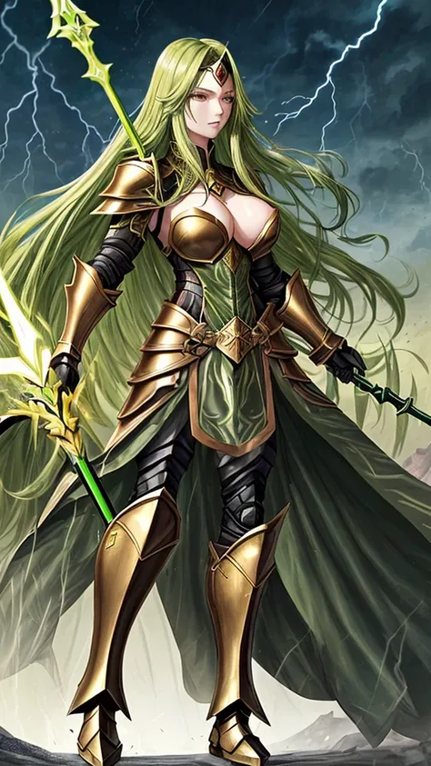 Green long-haired adult female general, golden forehead protector, black armor, chest cleavage, iron boots, whole body, spear, thunder and lightning