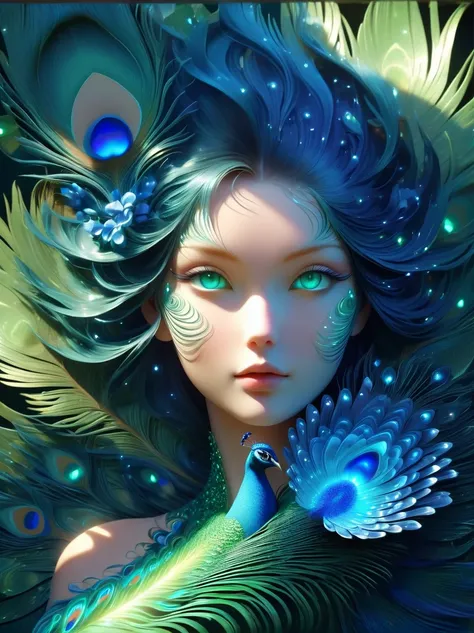 high resolution, ultra detailed, (1 blue peacock girl:1.6), (lotus)，dynamic light wavesbreaksunlight, reverberation, experimenta...