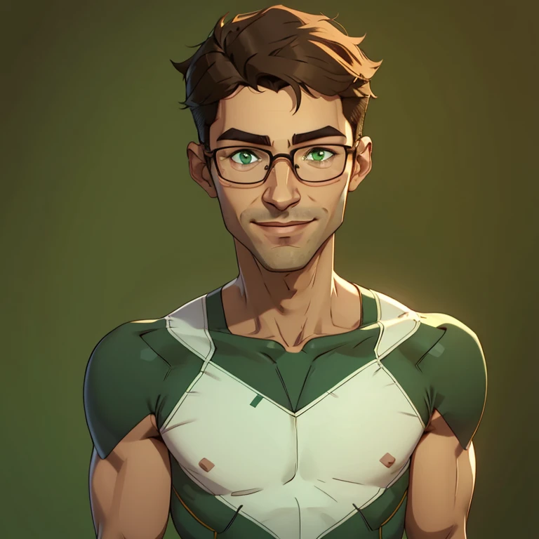 jon, a young guy in his 30s with asymmetric very short brown hair, green eyes with brown specs, a flat nose, smooth skin, slim athletic body, ((strongly angled head portrait)), smiling 