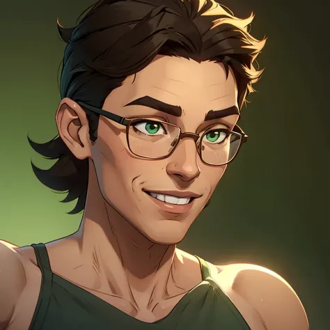 jon, a young guy in his 30s with asymmetric very short brown hair, green eyes with brown specs, a flat nose, smooth skin, slim athletic body, ((strongly angled head portrait)), smiling 