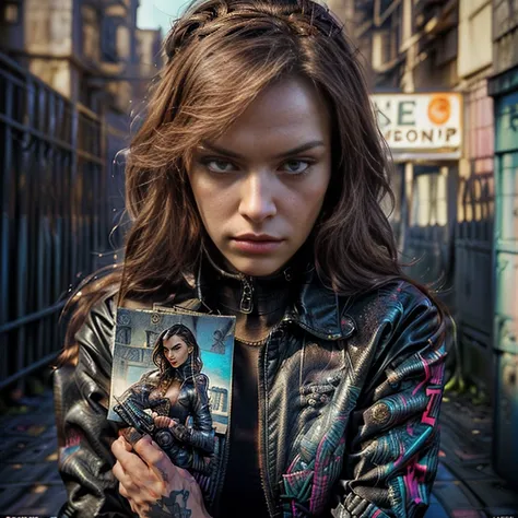 Close-up of a woman holding a gun near a photo of a woman with a serious expression, Detailed cover artwork, Official artwork, Album art, By Christian Zaltmann, CD jacket cover, New soundtrack cover, Art Cover, castle, stylized urban fantasy art, Promotion...