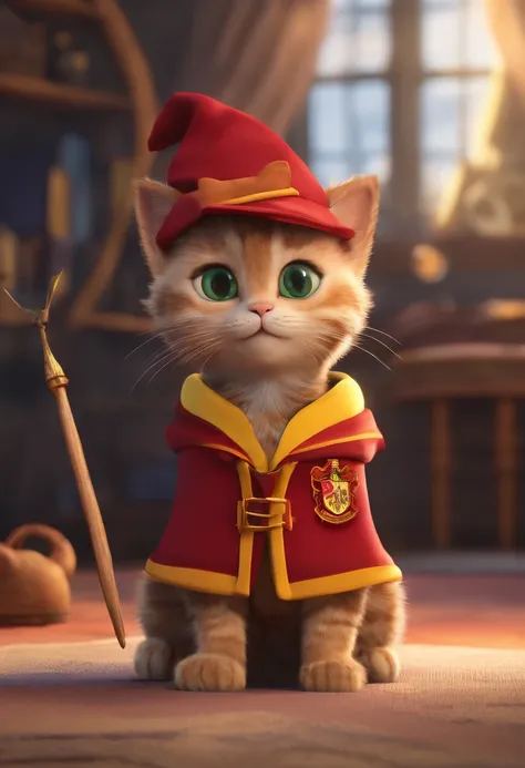 Pixar poster, a cute kitten dressed as Harry Potter with the Gryffindor house uniform 3D animations，Pixar，tamanho da imagem1080x1080(melhor qualidade)(8k)