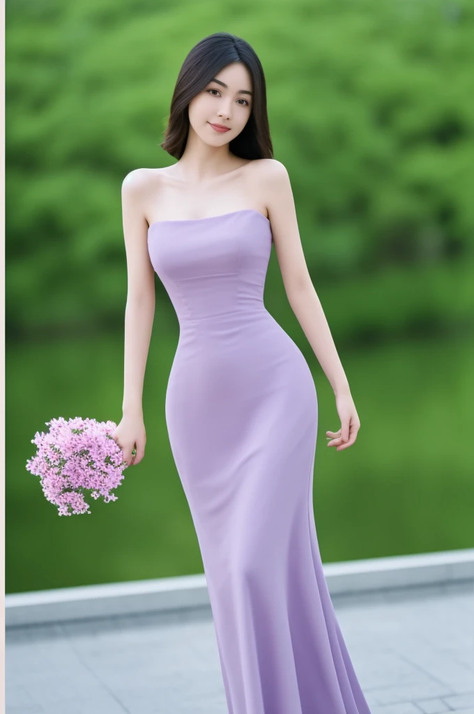 Realistic photo, beautiful Asian girl wearing a beautiful detailed light purple short hanfu, curvy figure, slim waist, smiling, bare shoulders, thighs, blurred background of flower garden