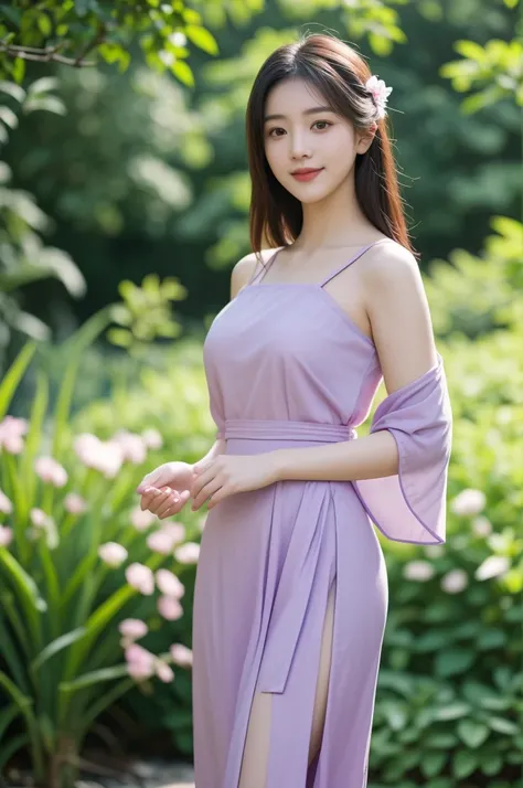 Realistic photo, beautiful Asian girl wearing a beautiful detailed light purple short hanfu, curvy figure, slim waist, smiling, bare shoulders, thighs, blurred background of flower garden