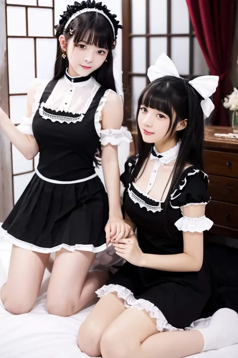 masterpiece, highest quality, 2 women,bedroom,Gothic Lolita,Black Knee High,Apron dress,Lots of white frills,Too much exposed skin,mini skirt,Shoulder Bare,lie down,Embrace each other,first round