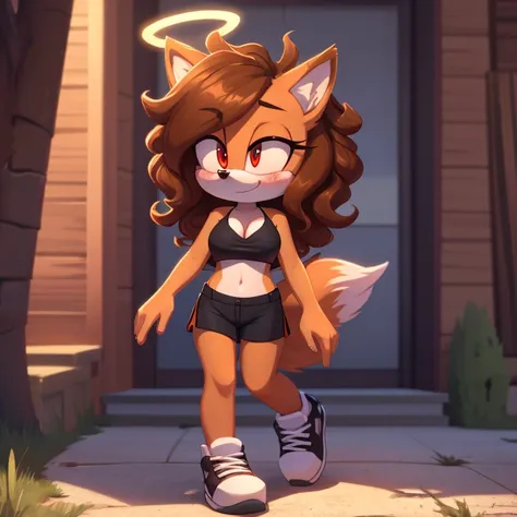 mobian, hedgehog, two-tone fur ((orange fur, brown fur)), pyjama elastic shorts, strapless crop top, cleavage, high-top sneakers...