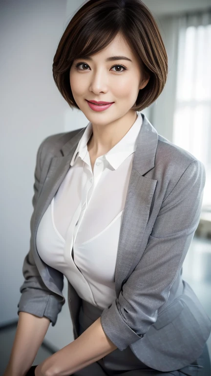 (highest quality,8k,masterpiece),
日本人Mature Woman,40 years,Mature Woman,Pure white skin, ((Full body photography:0.85))、
Full breasts、　((White collared blouse))、((Grey tailored jacket))、Grey pantsuit、Brown short bob、
,A gentle smile、A gaze that seduces vie...