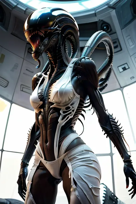 a female xenomorph wearing a white underpants and a white bra, curvy, busty, xenomorph body, spaceship background, 8k, seductive...