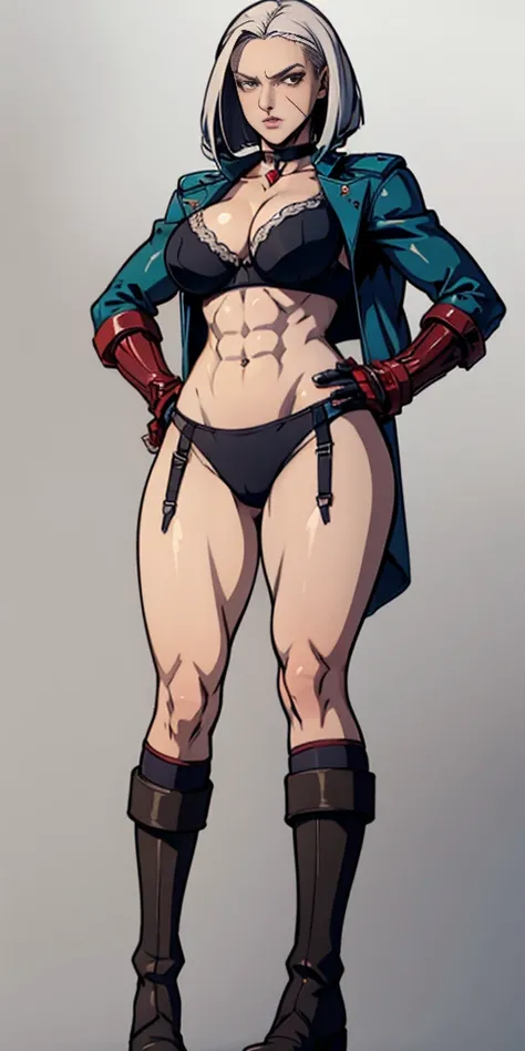 ((Plain background 1:2)) (Cammy White Street Fighter white silver short bob haircut) Female full body standing straight symmetrical looking to the viewer RED full body armored (handcuffs, shackles, rerebrace, faulds, poleyn, gauntlets, leather collar choke...