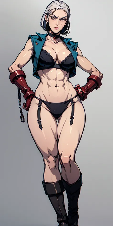 ((Plain background 1:2)) (Cammy White Street Fighter white silver short bob haircut) Female full body standing straight symmetrical looking to the viewer RED full body armored (handcuffs, shackles, rerebrace, faulds, poleyn, gauntlets, leather collar choke...