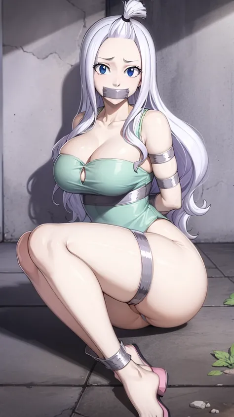 Mirajane, natural lighting, masterpiece, highly detailed, illustration, game CG, absurdres, high quality, aichan, large breasts, beautiful detailed eyes, short, (tape gag), (tape bound), (arms bound), (legs bound:1.2), eyes wide, shocked, surprised, collar...