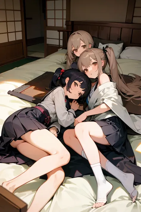 masterpiece, highest quality, 3 women,Japanese Style,,bedroom,Mine system,Black Knee High,Too much exposed skin,mini skirt,Shoulder Bare,lie down,Embrace each other,first round,Twin tails,