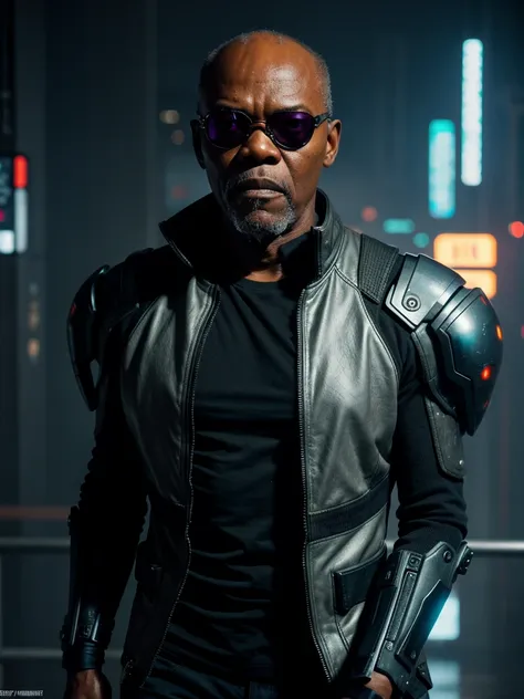 ((masterpiece, highest quality, hires, amazing detail, 8k, best quality)), cinematic, portait, closeup shot of middle aged man / Samuel l jackson/, wearing highly damaged battlesuit, perfect facial hair, scars, cybernetic implants, mirrorshades, in the art...