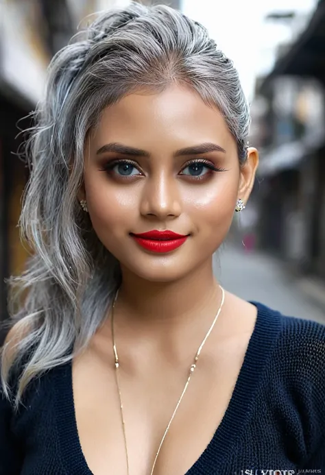 urban beautiful girl college student, masterpiece, light makeup, red lips, silver hair, messy long hair, street background, beau...