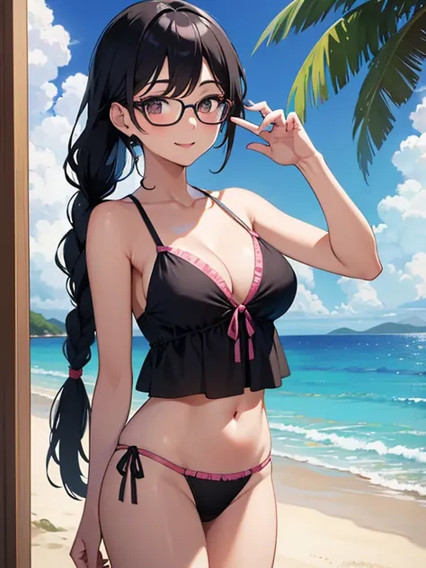 masterpiece, highest quality:1.0, ultra-high resolution:1.0,
Beach scene, one girl, alone, captivating view, Swimwear wearing, Arima Ayumi, 25-year-old woman, long black hair in a single pigtail, pink lips, glasses on nose, adorned with one braid, beaming ...