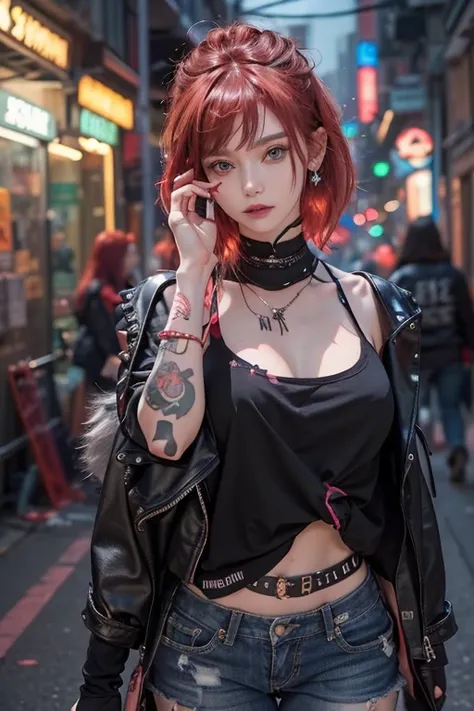 Sleeveless、The tattoo、bright red、Really red、Red、Red-haired、rot、red hairs、head phone、🎧、goth_punk, 1girl in, solo, medium shot, Walking in Harajuku, ((during night)), bokeh dof, Neon light, Iridescent eyes, starrysky, red glowing hair, Black eyebrows, Radian...