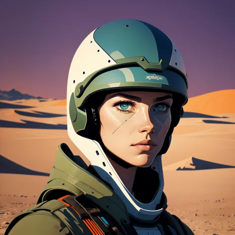 A striking and conceptual close-up portrait illustration of a futuristic military woman, dressed in pristine white gear, standing alone in a desolate, post-apocalyptic desert landscape. The illustration, reminiscent of Moebius and J.A.W Coopers styles, sho...