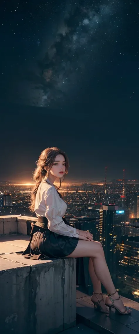 ((masterpiece, highest quality, Highest image quality, High resolution, photorealistic, Raw photo, 8K)), ((Extremely detailed CG unified 8k wallpaper)), Floating, Side view of a woman sitting in the edge of building, city night view,