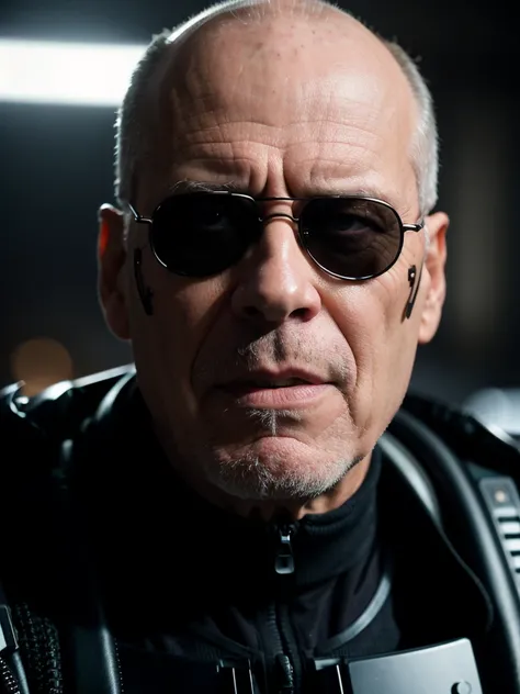 ((masterpiece, highest quality, hires, amazing detail, 8k, best quality)), cinematic, portait, closeup shot of middle aged man / Bruce Willis/, wearing highly damaged battlesuit, perfect facial hair, scars, cybernetic implants, mirrorshades, in the artstyl...