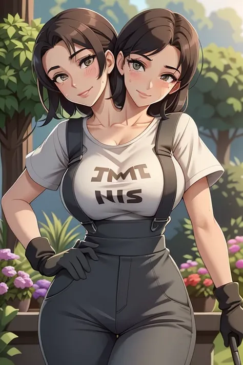 2heads, a tall thin woman with two heads. She is outside in a garden, she is gardening. She is very tall. She is very skinny. She has short black hair in a bun. She looks mature. She has very thick full lips. She is wearing overalls with a colorful T-shirt...