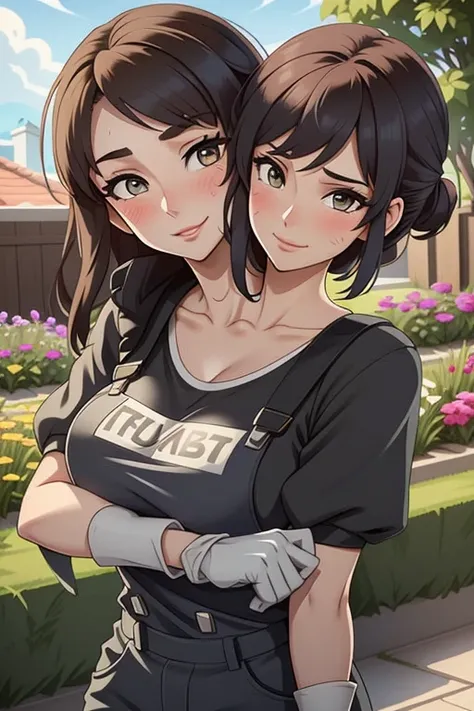 2heads, a tall thin woman with two heads. She is outside in a garden, she is gardening. She is very tall. She is very skinny. She has short black hair in a bun. She looks mature. She has very thick full lips. She is wearing overalls with a colorful T-shirt...