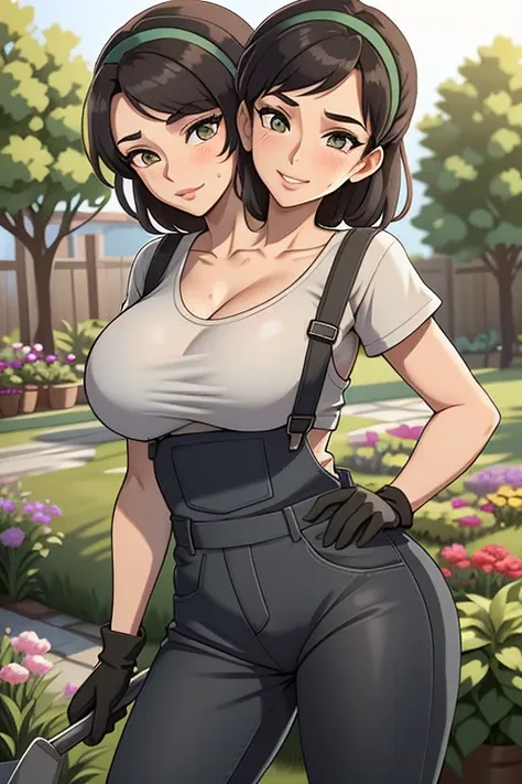 2heads, a tall thin woman with two heads. She is outside in a garden, she is gardening. She is very tall. She is very skinny. She has short black hair in a bun. She looks mature. She has very thick full lips. She is wearing overalls with a colorful T-shirt...