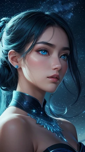 high quality,  8K Ultra HD, A breathtaking digital illustration unfolds as a striking female emerges with elegant features, characterized by ethereal chignon hair and captivating cyan eyes, The night sky above, adorned with shimmering stars, captures her a...