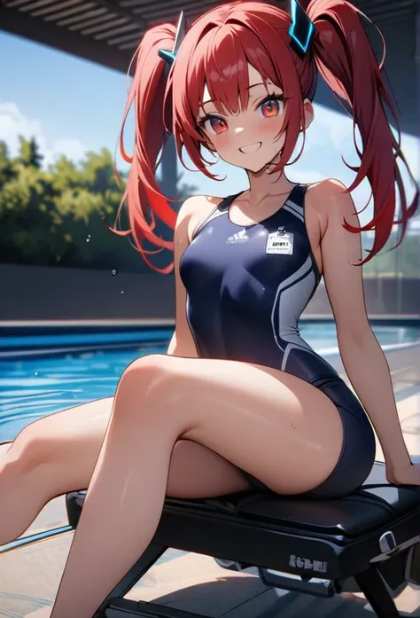 High quality, high definition, hig
h precision images,8k 1 Girl Robot Girl、red hair,Twin tails,Red eyes,robot style barrette, all dark blue school swimwear,white name tag on chest、sports swimwear

,Sitting by the pool and doing calisthenics.Strong sunlight...