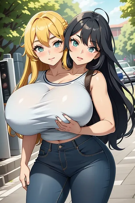 2heads, a short fat woman with two heads. She has enormous breasts. She is is outside on a sunny day. She is wearing a tight t shirt and jeans. She has enormous perky . The viewers arm is touching her breast. She looks aroused. She is blushing. She has gig...