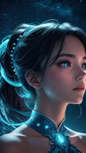 high quality,  8K Ultra HD, A breathtaking digital illustration unfolds as a striking female emerges with elegant features, characterized by ethereal chignon hair and captivating cyan eyes, The night sky above, adorned with shimmering stars, captures her a...