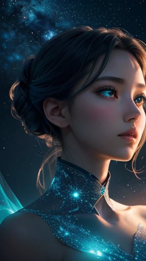 high quality,  8K Ultra HD, A breathtaking digital illustration unfolds as a striking female emerges with elegant features, characterized by ethereal chignon hair and captivating cyan eyes, The night sky above, adorned with shimmering stars, captures her a...