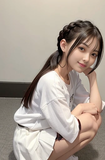 best quality, detailed, beautiful, insanely detailed, absurdres,perfect anatomy,
Japanese female,black hair,27 years old,
(slender),
(small breasts best quality),
cheerful grin, squatting, legs spread, (hands tied behind head), braids, white t-shirt,white ...