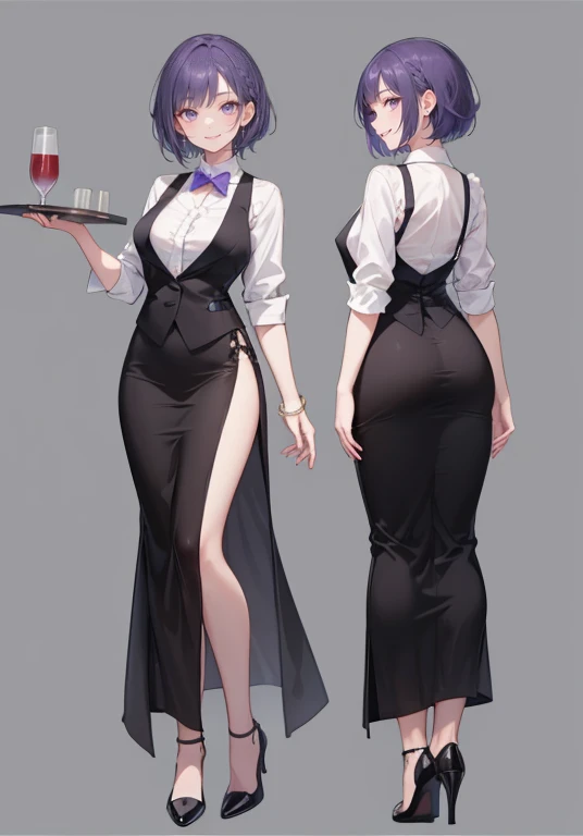 ((Perfect Face)),Purple Hair,short hair,1 female,bartender,,Black vest,skirt,slit,High heels,((Simple light color background)),((smile)),((Full Body)),((full body)),Portraits,Character Sheet,upright,