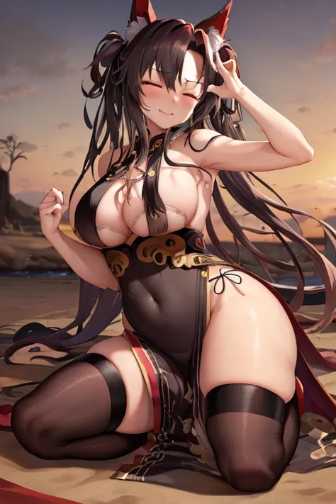 masterpiece, best quality, beautiful art, high resolution, well formed hands, body and fingers, 1 woman, solo, Imaizumi Kagerou, wolf ears and wolf tail, grown up, adult, big breasted, cleavage, full body, hair ornament, gorgeous legs and thighs, wearing a...