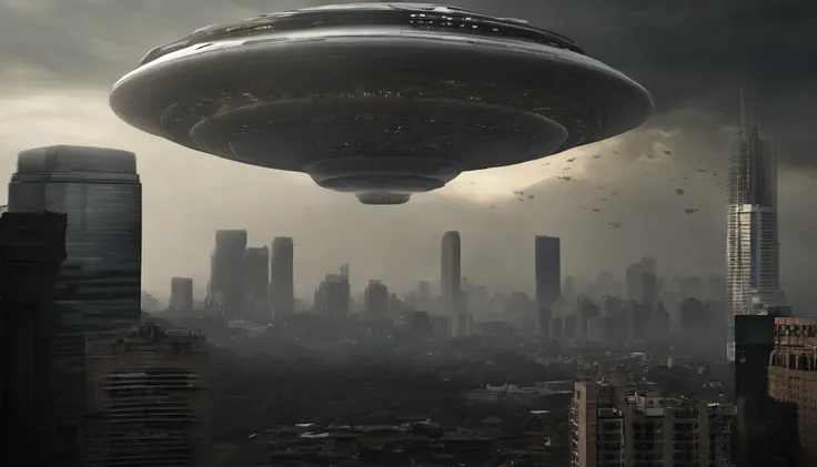 In the scenario of an alien invasion in the city of Medellin, there would be large, ominous spacecraft hovering over the skyline, casting dark shadows over the urban landscape. The alien invaders themselves might be depicted as humanoid figures with metall...