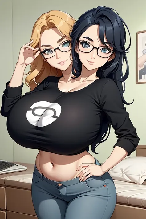 2 heads, a short thin woman with 2 heads. Extremely huge breasts. In a bedroom. Wearing a colorful belly shirt with a graphic on it. Wearing jeans. Young. Happy. Thin face. Seductive eyes. Long messy hair. Sexy. Smiling. Gigantic breasts. Nerdy, sexy nerd ...