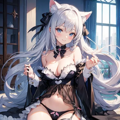 anime, cat ears , E cup, silver long hair, sexy, shy smile, fairy