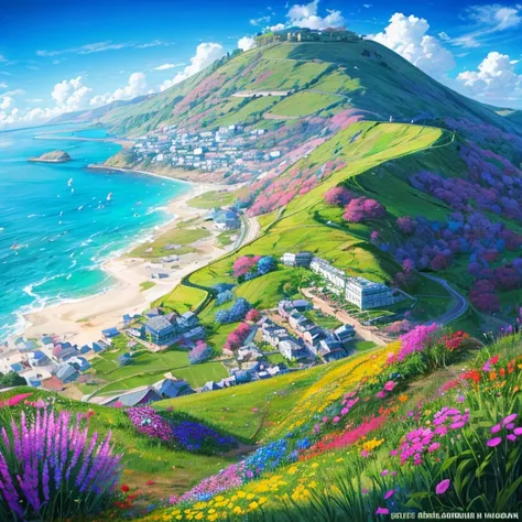 A girl riding her bike up a hill overlooking the sea. Colorful flowers are blooming all over the place. Sea, Grassland, Hill, Flowers