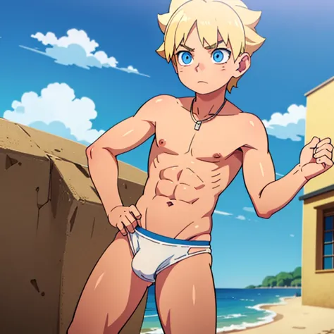 18 year old man with blond hair and blue eyes, swim briefs, very detailed, beach, only briefs, abs