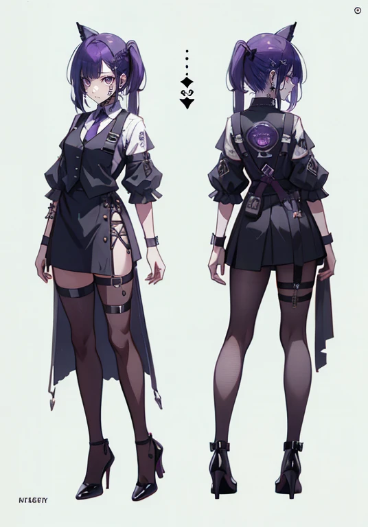 ((Perfect Face)),Purple Hair,Shortcuts,Adult female,bartender,((Body Harness)),Black vest,((Shirt with rolled up sleeves)),tie,((slit)),High heels,((Simple Background)),smile,((full body)),((Full Body)),upright,,Both arms are down,