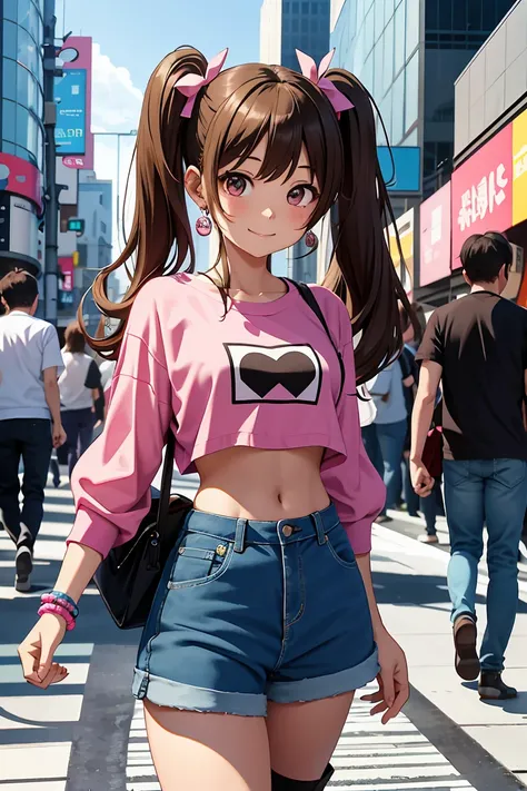 smile, looking at viewer, Anime style illustration of a young girl with brown hair in twin tails tied with pink ribbons, wearing a vivid cropped top, denim miniskirt, and platform boots. She has large earrings and multiple bracelets, sparkling in the sunli...