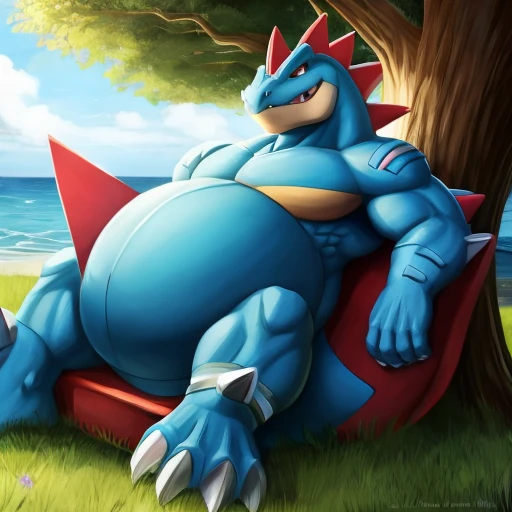 Pokemon Feraligatr, furry, massive belly, full belly, reclining 