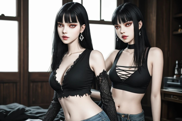 Ultra realistic, real girl, 16K, best quality, High resolution, hot atmosphere, dream atmosphere, 1 girl, tall, 18 years old, Long messy black hair, cute bangs over the forehead, evil eyes, sexy eyes look, skin being illuminated, realistic shading, pale-wh...