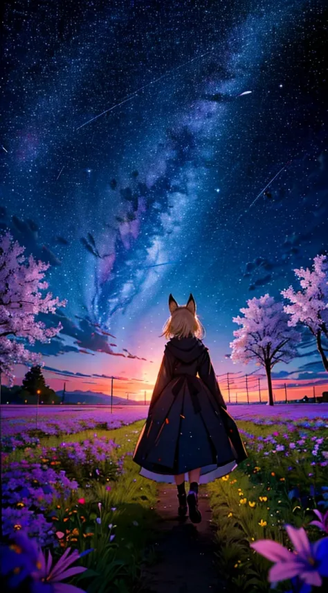 １people々々々々々々々,woman with medium length blonde hair，fox ears，long coat，takageta， dress silhouette， rear view，space sky, flower f...