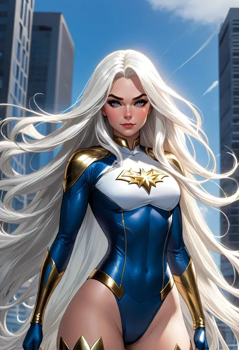 A superheroine with long, white hair named Breeze 