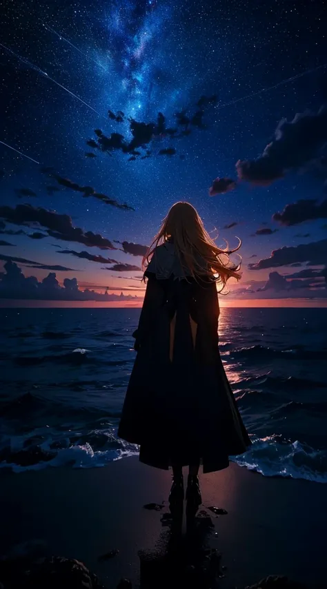 １people々々々々々々々々々々々々,Blonde long-haired woman，Long coat， Dress Silhouette， Rear View，Light overflowing from the palm of your hand，Space Sky, The boundary between sea and space，