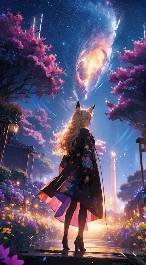 １people々々々々々々々,Woman with medium length blonde hair，Fox Ears，Long coat， Dress Silhouette， Rear View，Space Sky, Flower Field，Colorful flowers，Dancing Petals，