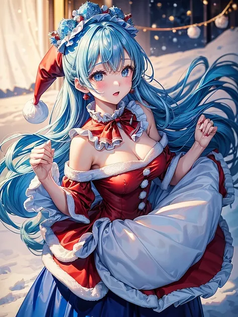 Theme is blue、The perfect human body、Christmas Night、(((He was wearing a Santa costume decorated with lots of frills..)))、A beautiful woman stepped onto the snowy road、Long skirt、hair ornaments、Large breasts