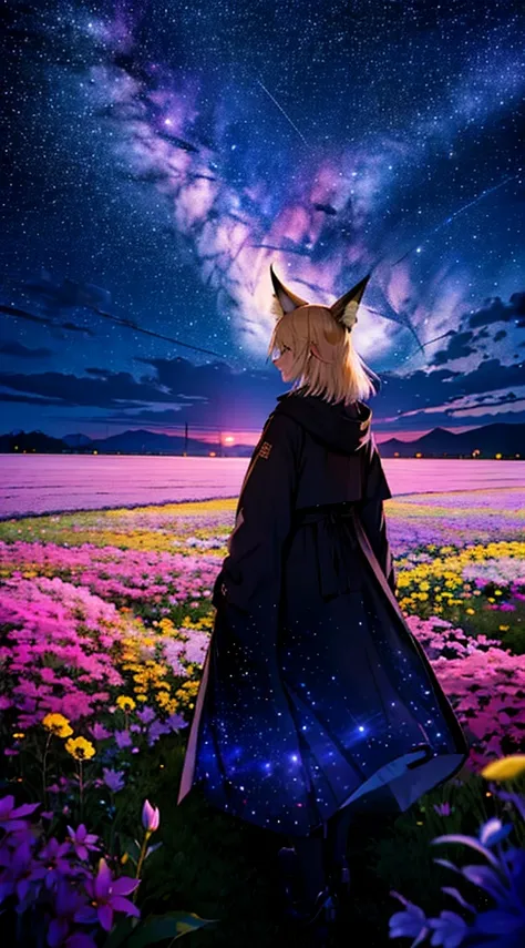 １people々々々々々々々々,Woman with medium length blonde hair，Fox Ears，Long coat，Takageta， Dress Silhouette， Rear View，Space Sky, Flower Field，Colorful flowers，Dancing Petals，